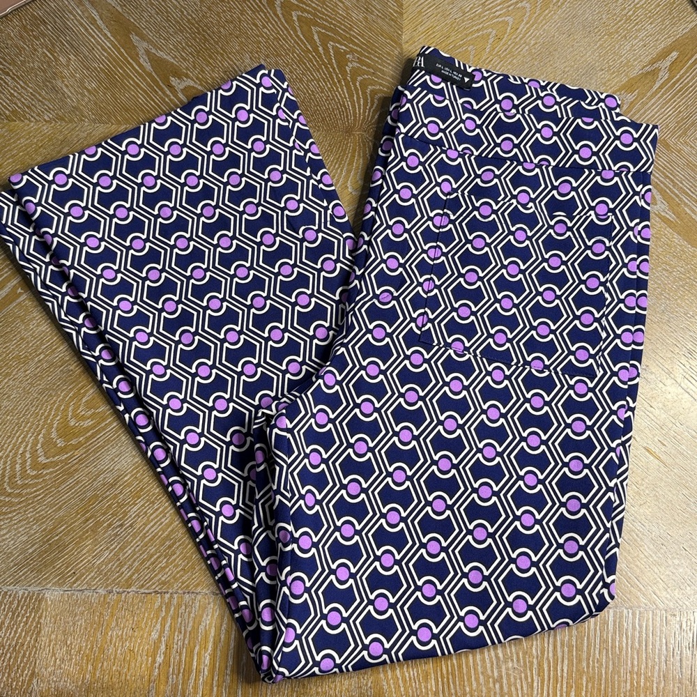 ZARA Geometric Purple Print Crop Flare Pant L - Picture 4 of 11